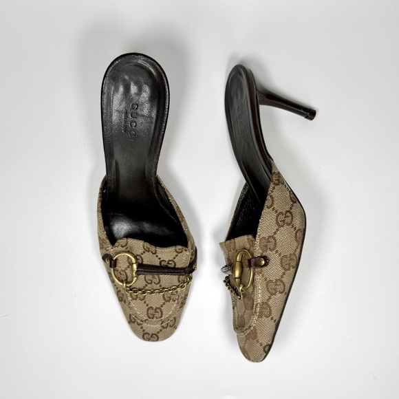 Vintage Gucci Monogram Horsebit Mule Heels in Beige / Brown / Gold size 7b main image 2